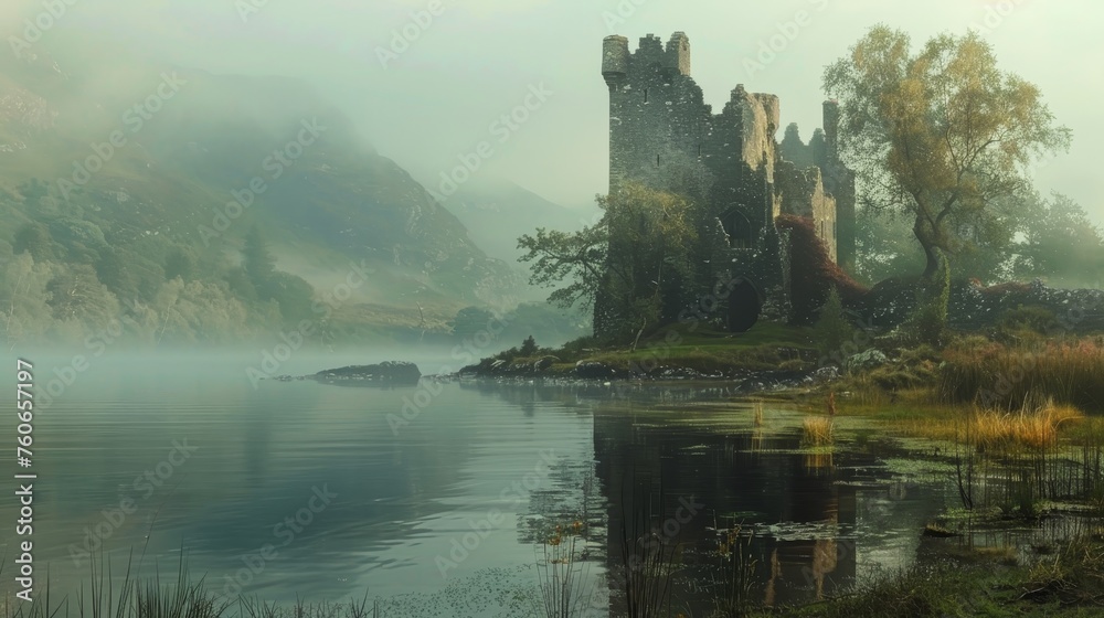 The haunting beauty of ancient castle ruins beside a calm lake, shrouded in morning mist with soft light filtering through the trees.