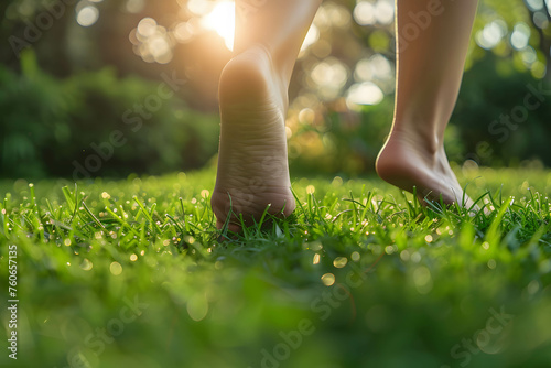 Close up of the bare feet of a person walking on the grass, therapy and reduce stress in living and investing and doing business, work life balance
