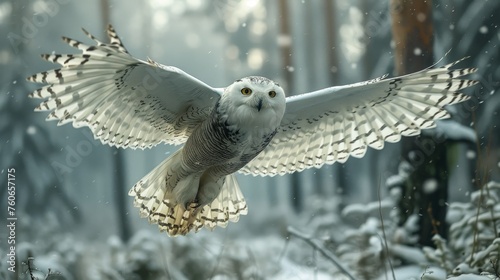 An intense snowy owl soars powerfully through falling snowflakes, amidst the silent trees of a winter forest.