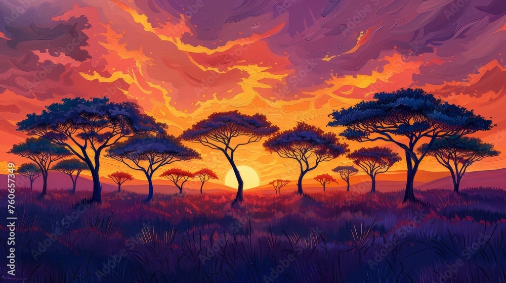 An artistic representation of a sunset in the savanna, with acacia trees silhouetted against a fiery sky painted in vivid hues of orange and purple. An artistic representation of a sunset in the savanna, with acacia trees silhouetted against a fiery sky painted in vivid hues of orange and purple.