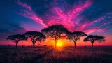 A breathtaking sunset paints the African savanna in shades of pink and purple, with silhouetted acacia trees and wildlife in the tranquil scene.