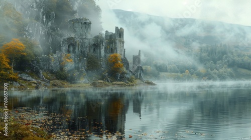 Ethereal morning mist surrounds ancient castle ruins by a calm lake, with autumn foliage adding a touch of color to the mystical scene.