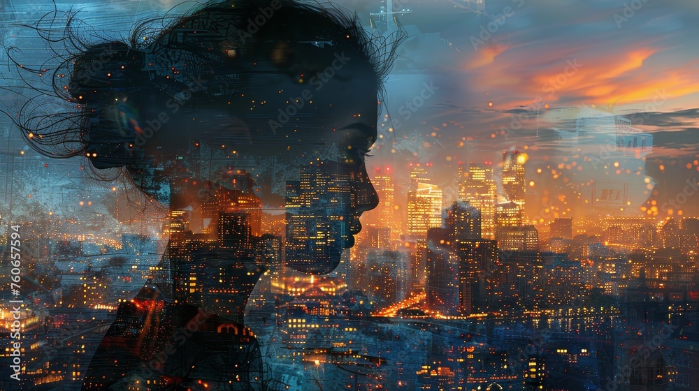A composite image blending the silhouette of a person with the bustling cityscape at dusk, capturing the essence of urban life and the vibrancy of the city. - obrazy, fototapety, plakaty 