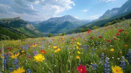 A captivating view of a colorful alpine meadow, brimming with wildflowers against a backdrop of majestic mountains and a clear blue sky.