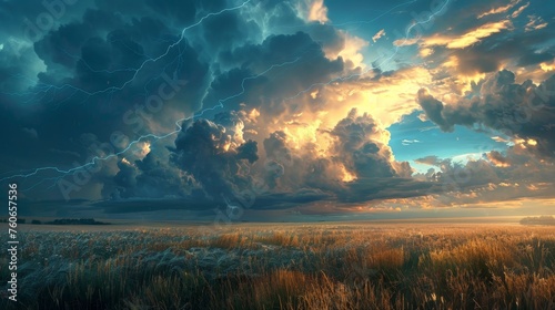 A powerful thunderstorm unfolds with dynamic lightning streaking across the tumultuous sky above a golden wheat field, capturing the intensity of nature. © Sodapeaw