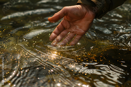 Hand of a prospector panning for gold in a river or water, discovery of gold and the increasing demand for gold photo