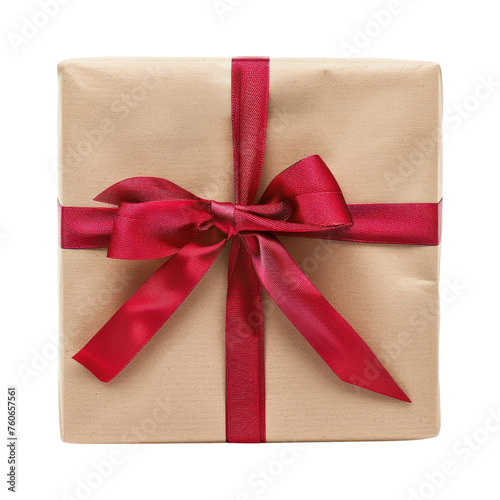 Brown paper Wrapped Parcel Gift Box with Red Ribbon isolated on transparent background