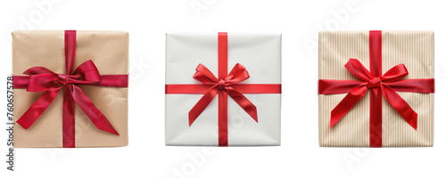 set of Wrapped Parcel Gift Box with Red Ribbon isolated on transparent background. gift box collection top view