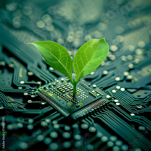 Green plant growing on computer circuit board, safe and environmentally friendly technology