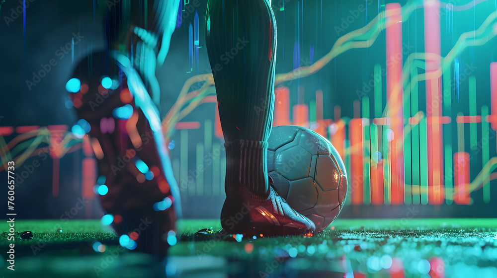 Close up foot of a soccer player kicking a ball with stock chart background, investing or trading in stock or currency market like playing sports - obrazy, fototapety, plakaty 