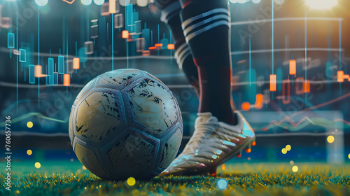Close up foot of a soccer player kicking a ball with stock chart background, investing or trading in stock or currency market like playing sports © Slowlifetrader