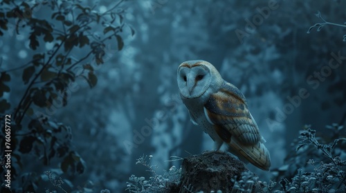 A solitary barn owl sits perched, casting a watchful eye over a shadowy forest as the blue hues of twilight envelop the serene, mystical landscape.