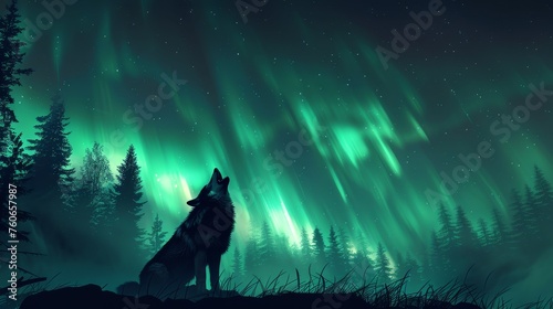 A wolf s silhouette stands out against the shimmering green aurora borealis cascading over a mystical forest.