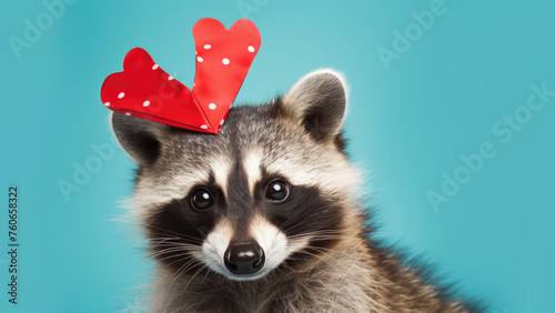 Purr-fect Love: raccoon on Blue Background with Heart © Andriy