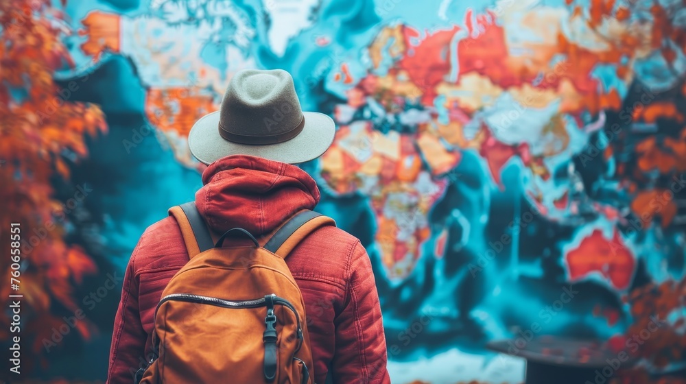 An explorer clad in a red jacket and hat stands with a backpack, contemplating a vibrant, abstract world map on the wall. - obrazy, fototapety, plakaty 