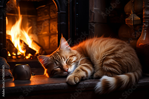 a cat sleeping in front of the fireplace.
Generative AI