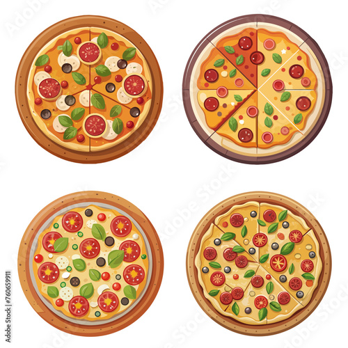 Collection of flat color vector pizza set. Realistic full size pizza isolated on white background..