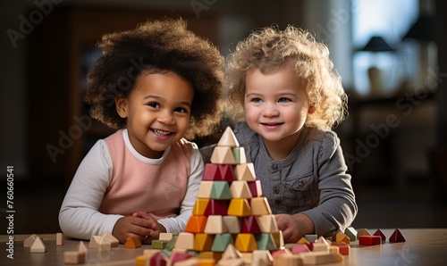 Two Little Girls Playing With Wooden Blocks