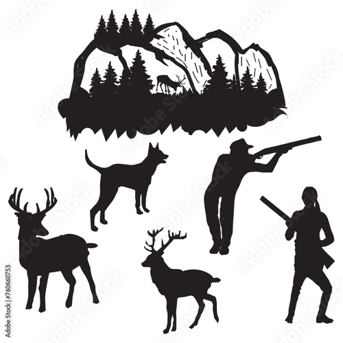 Hunting Vector Bundle ,silhouette ,Deer, Mountains, dog ,tree,