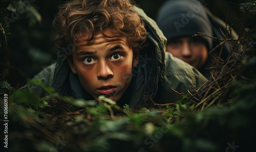 Young Boy Observing Another Man in Woods