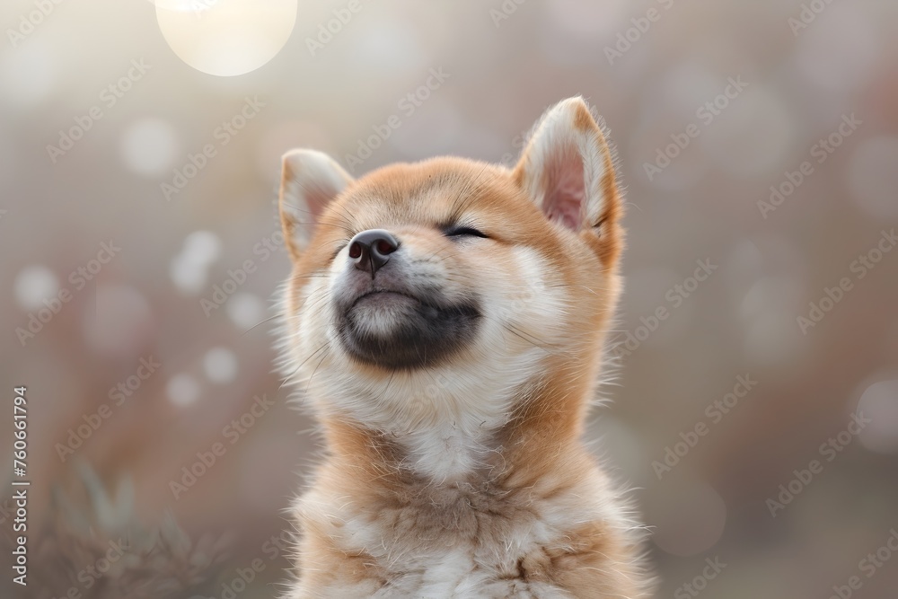 A Shiba Inu Puppy Looking Up into the Sky in a Beautiful Garden