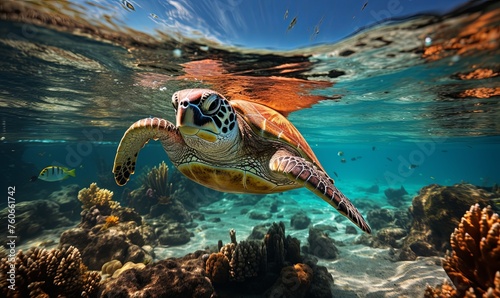 Turtle Swimming Over Coral Reef in Ocean