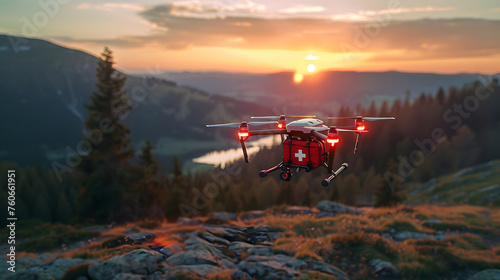A drone with red first aid kit flies over a mountain valley at sunset.