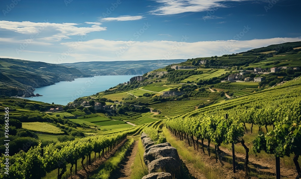 Scenic Vineyard With Lake in Background