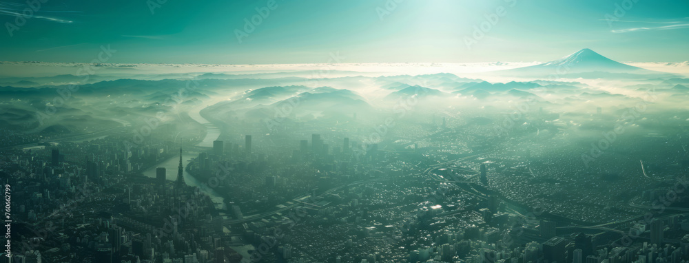 A view from above shows a city and mountains, with light turquoise and light gray colors, elements of engineering/construction and design, and impressive panoramas.