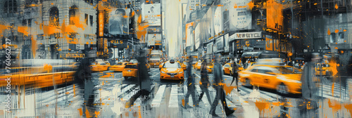 A city scene shows many people crossing the street, with blurred forms and colors of gray and amber.
