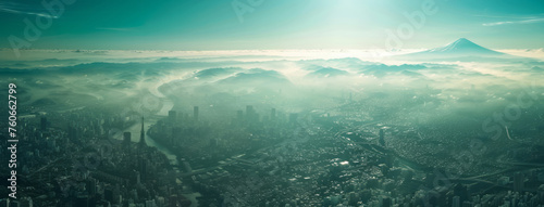 A view from above shows a city and mountains, with light turquoise and light gray colors, elements of engineering/construction and design, and impressive panoramas.