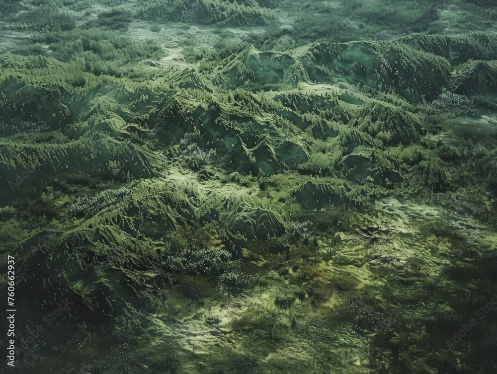 An aerial photo presents a forest landscape, with hyperrealistic environments and sparse backgrounds. An aerial photo presents a forest landscape, with hyperrealistic environments and sparse backgrounds.