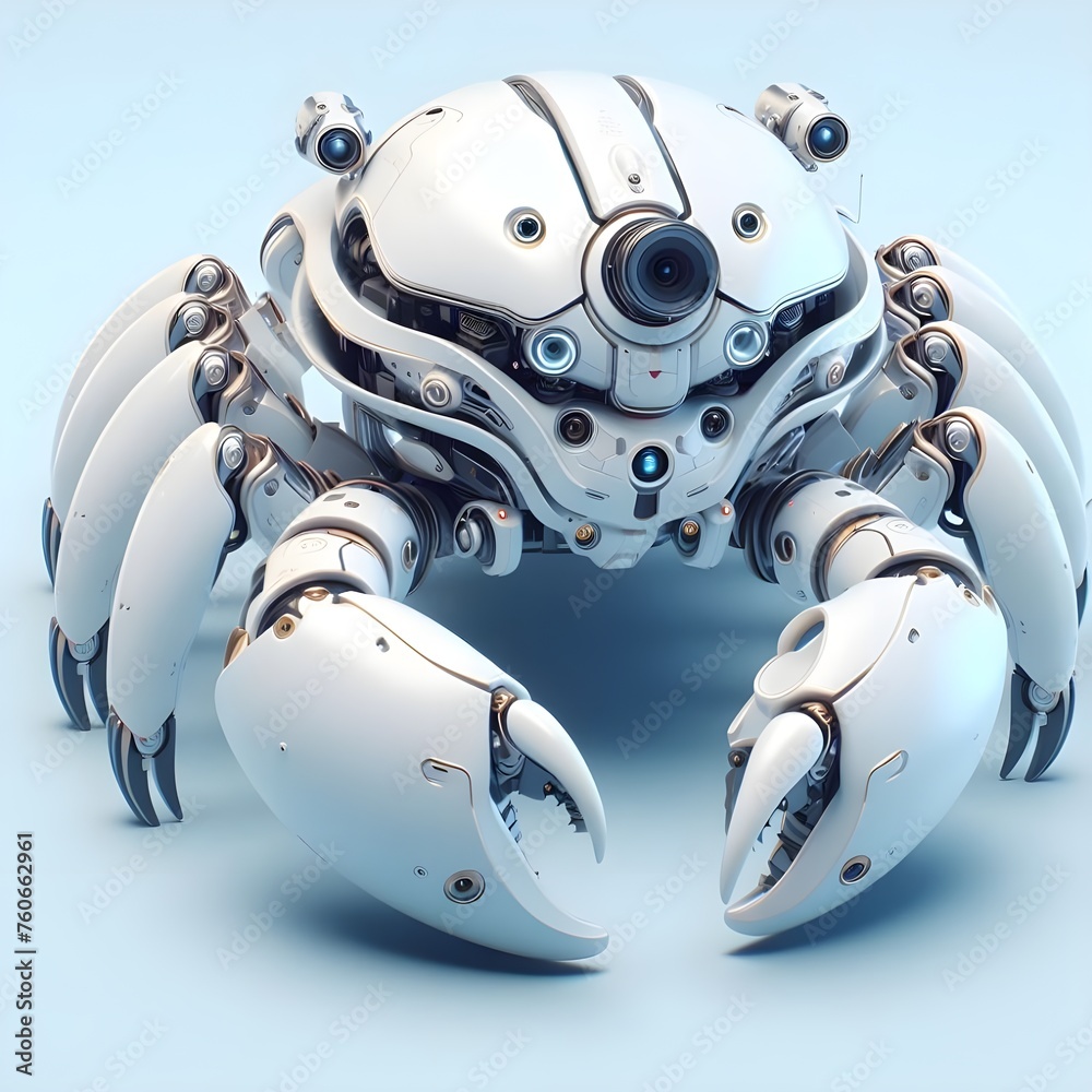 AI GENERATES 3D FUTURISTIC CRABS ROBOT SCI-FI BLACK AND WHITE COLOR WITH A CAMERA ON SEVERAL SIDES AI GENERATES 3D FUTURISTIC CRABS ROBOT SCI-FI BLACK AND WHITE COLOR WITH A CAMERA ON SEVERAL SIDES