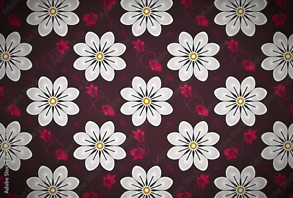 A white floral pattern is used on fabric, with a simplistic vector art style, dark pink and white colors, and realistic and naturalistic textures. A white floral pattern is used on fabric, with a simplistic vector art style, dark pink and white colors, and realistic and naturalistic textures.