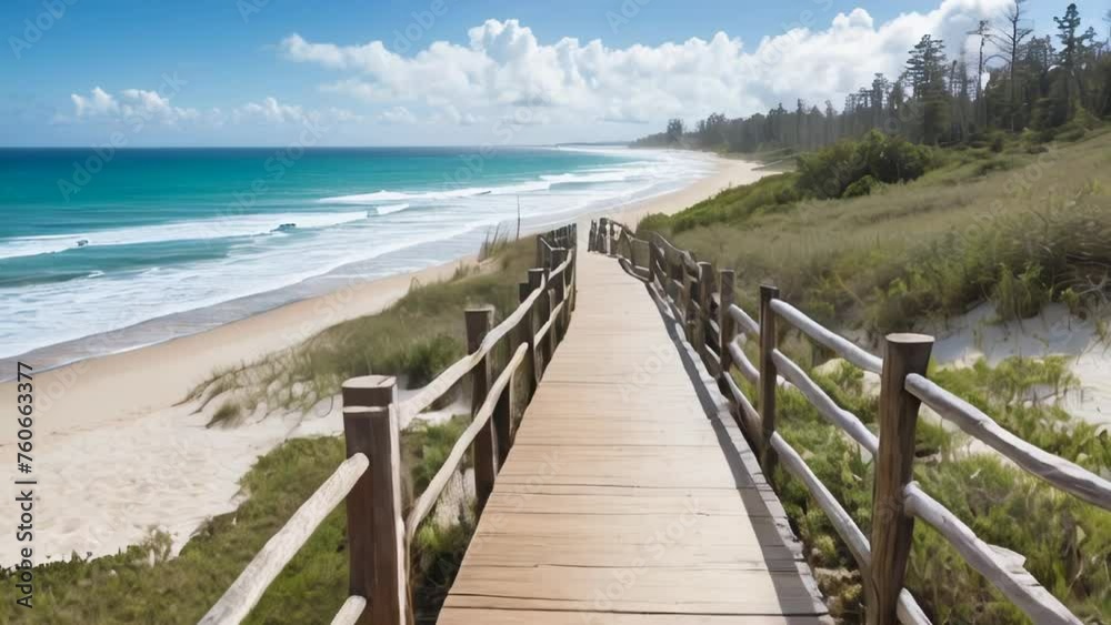 A wooden path leads to a beach with a view of the ocean and a beach in the background. A wooden path leads to a beach with a view of the ocean and a beach in the background.