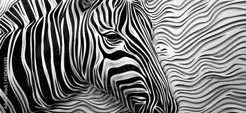 A black and white zebra pattern art drawing as a background  with wavy lines  organic shapes  and linear perspective.