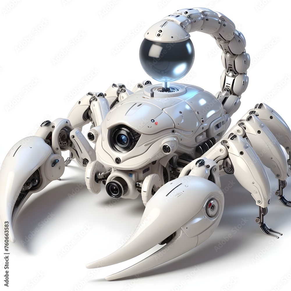 AI GENERATES 3D FUTURISTIC SCORPIONS STING ROBOT SCI-FI BLACK AND WHITE COLOR WITH A CAMERA ON SEVERAL SIDES