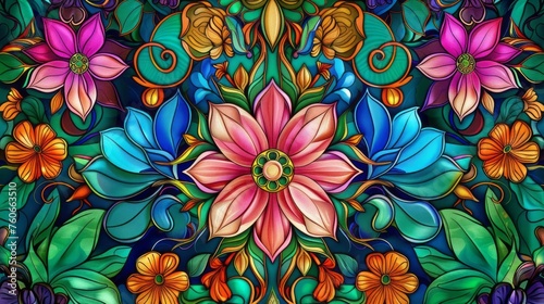 A colorful stained glass art design, with psychedelic hues and intricate patterns. © Duka Mer