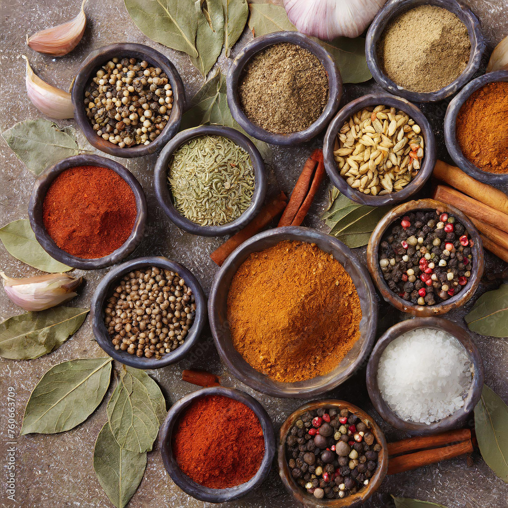 Colorful herbs and spices for cooking Indian spices