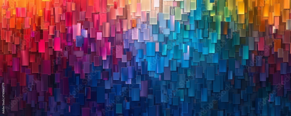 A rainbow color gradient abstract pattern background, with cubist cityscapes, dark sky-blue and dark aquamarine colors, pixel art, and strip painting.