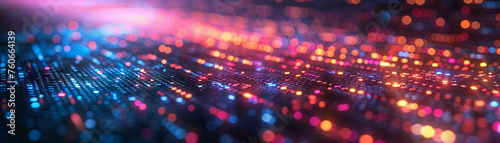 A festive blurred background with colorful, glowing bokeh lights