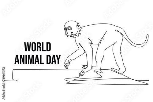 One continuous line drawing of funny cute Monkey. World Animals Day Icon. Trendy single line draw design vector graphic illustration