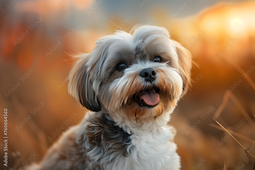 Cheerful White Dog in Green Field at Sunset