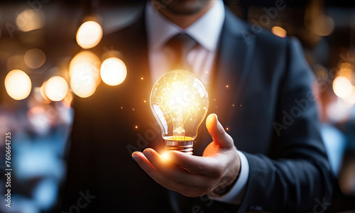 Innovative Businessman with Brain Illuminates Ideas Holding Light Bulb, Conceptual Creativity. Thoughtful Businessman Sparks Creativity Holding Light Bulb with Brain, Innovative Solutions Unveiled.