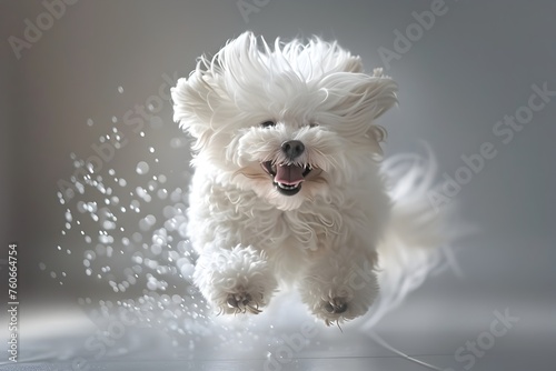 Jumping White Dog in Rain with Snowball photo