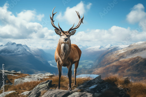 A mountain deer is standing on a rock at the edge of a cliff with a view of the beautiful mountain forest as far as the eye can see. © Gun
