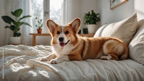 Happy cute domestic corgi dog playing resting in a beautiful living room at home.