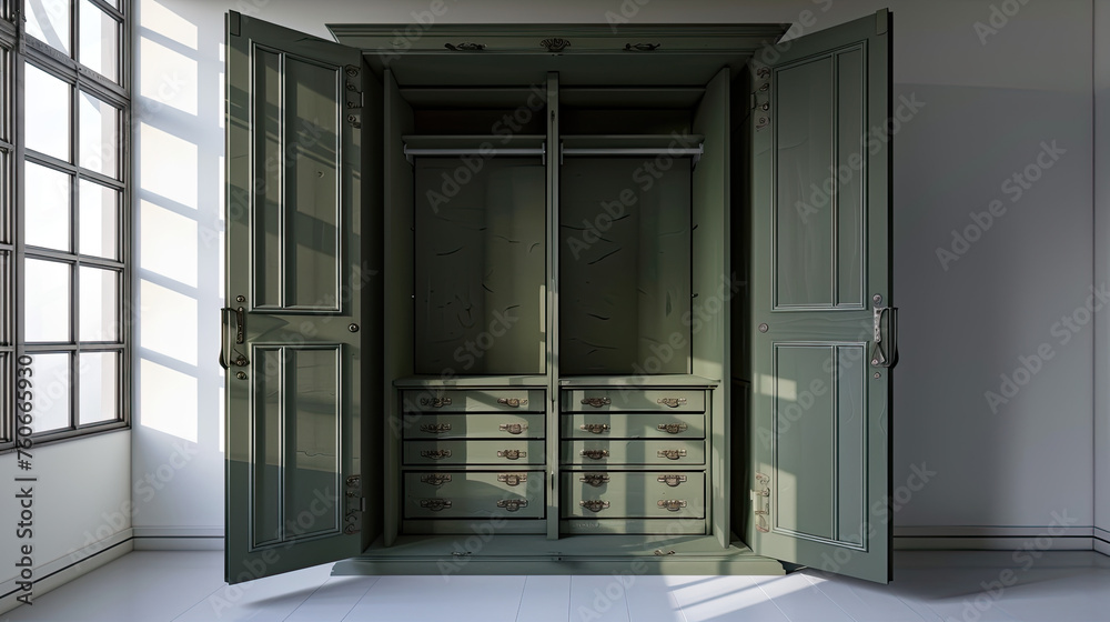 Fototapeta premium an empty room with minimal interior design olive sage green wardrobe or cupboard design , empty open closet style