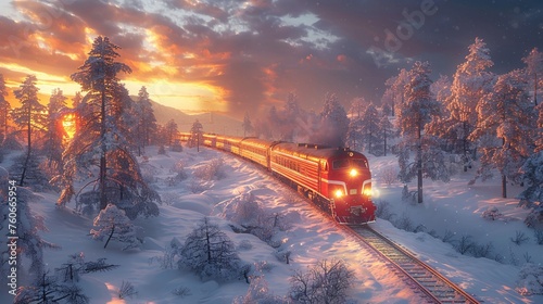 A 3D vintage train traveling through a snowy landscape, with warm light spilling from its windows, evoking The New Nostalgia, hight resolution photo