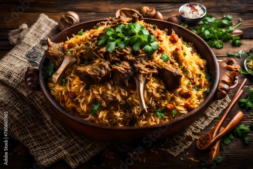 pices and textures in a side view of a meticulously prepared lamb biryani on a rustic wooden table of basmati rice, tender lamb, and aromatic herbs 
